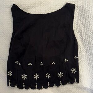 Free People Black Crop Top with White Floral Embroidery